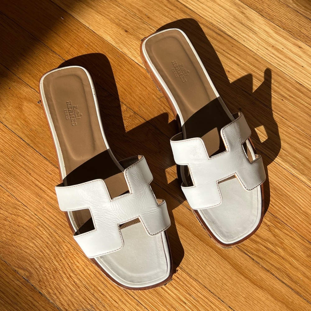 Hermes White Leather Slides sz 39.5